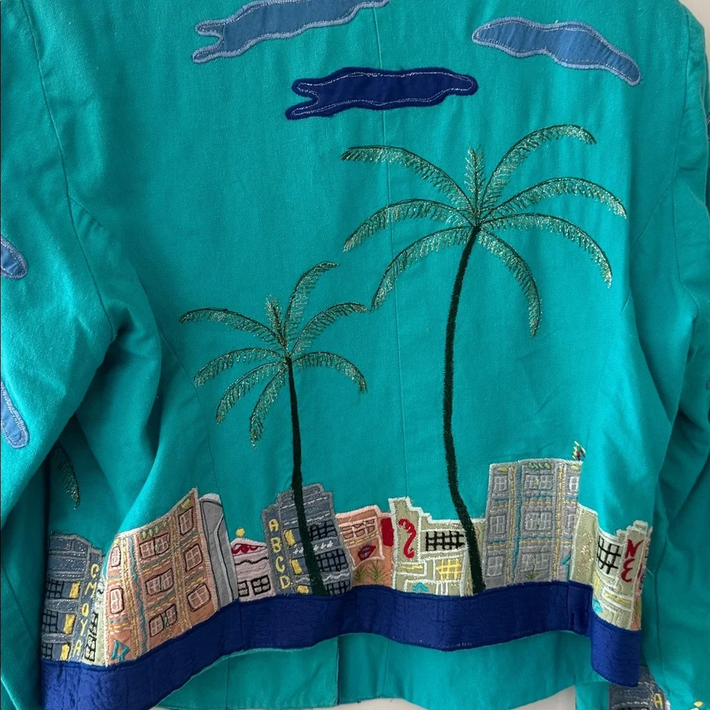 Vintage Patchington Palm Tree Blazer Womens Small Cityscape Jacket Y2K Cotton - Picture 9 of 13